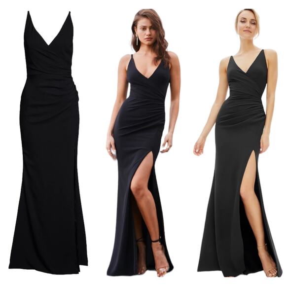 Dress The Population NWT Jordan Ruched Side Slit Gown Size XXS Black Maxi - Picture 2 of 11
